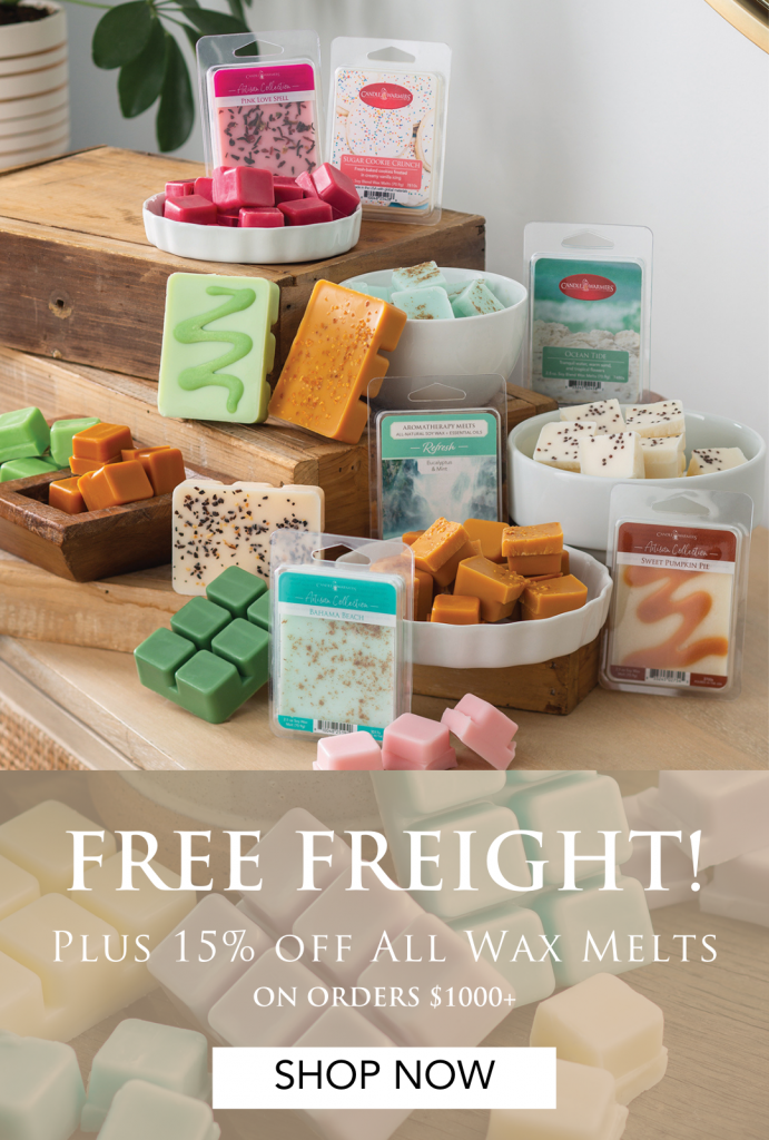 Wax melts promo: free freight plus 15% off all wax melts on orders $1,000+, with assorted melts