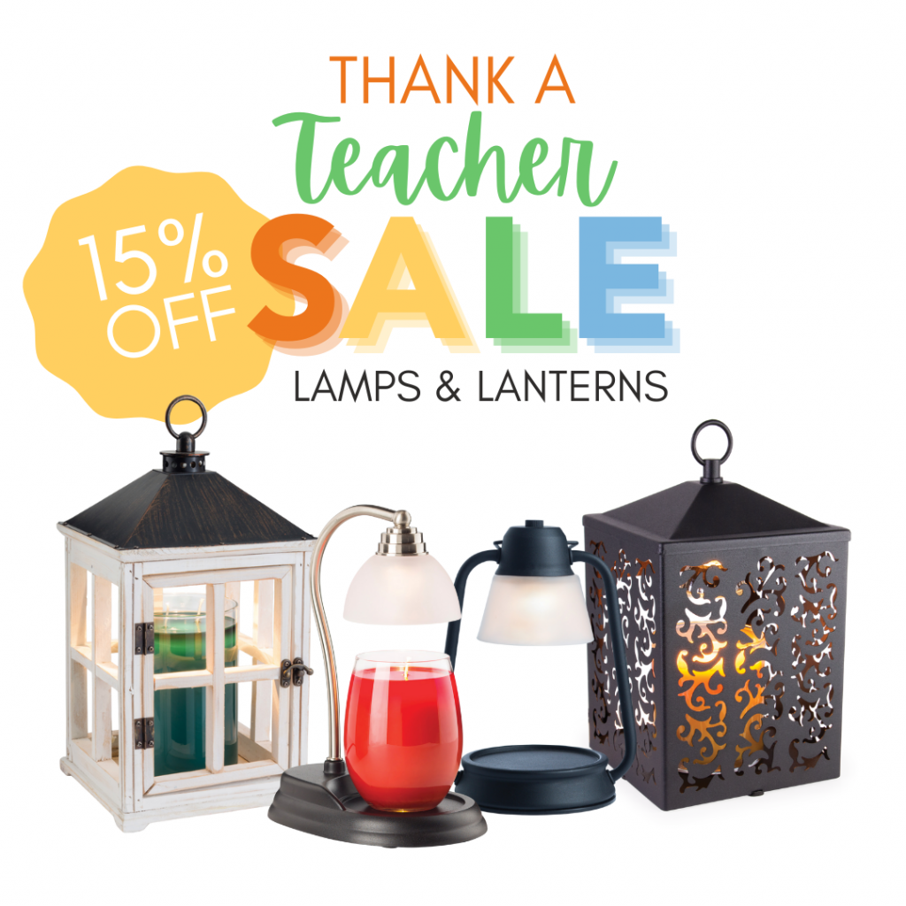 'Thank a Teacher Sale - 15% off Lamps & Lanterns' ad with lanterns and candle warmer lamps