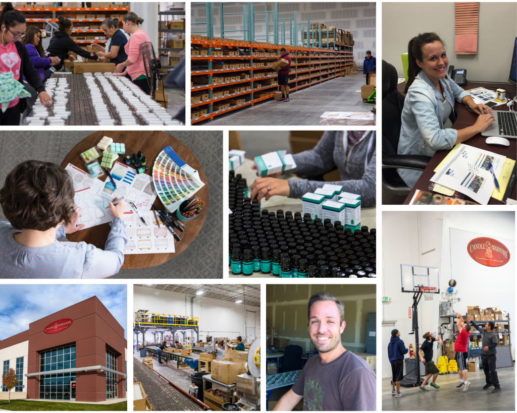 Photo collage of Candle Warmers Etc. team members, warehouse, headquarters building and product packaging
