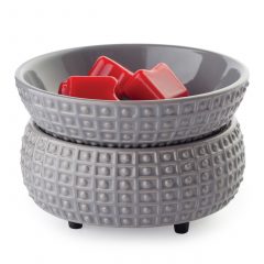 Grey woven-texture 2-in-1 wax warmer holding red melted wax