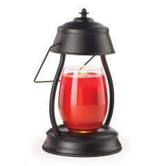 Black hurricane lantern candle warmer with a red candle inside