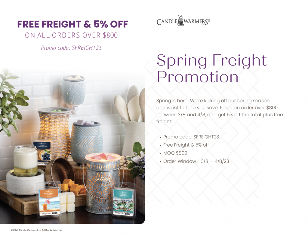 Candle Warmers Etc. Spring Freight Promotion flyer: free freight and 5% off orders over $800, code SFREIGHT23
