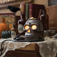 This dark metallic gunmetal spooky skull with glowing eyes and nose will be the perfect addition to your gothic decor or for Halloween.