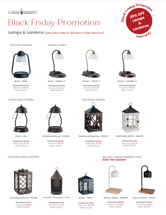 Candle Warmers Etc. Black Friday promotion page showing 20% off lamps and lanterns lineup