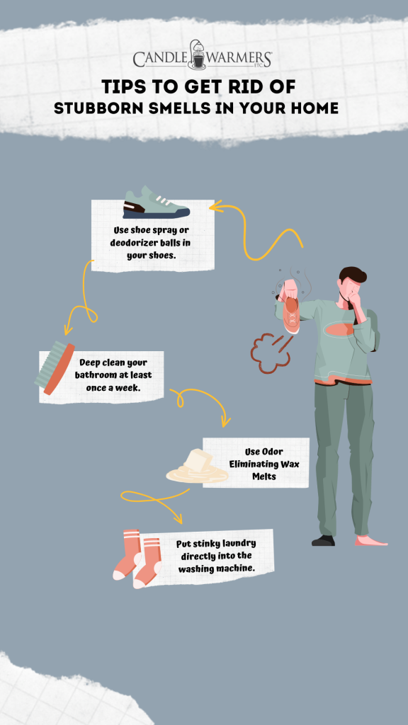 Infographic 'Tips to Get Rid of Stubborn Smells in Your Home' with a man plugging his nose and tips on shoes, bathroom, wax melts, laundry