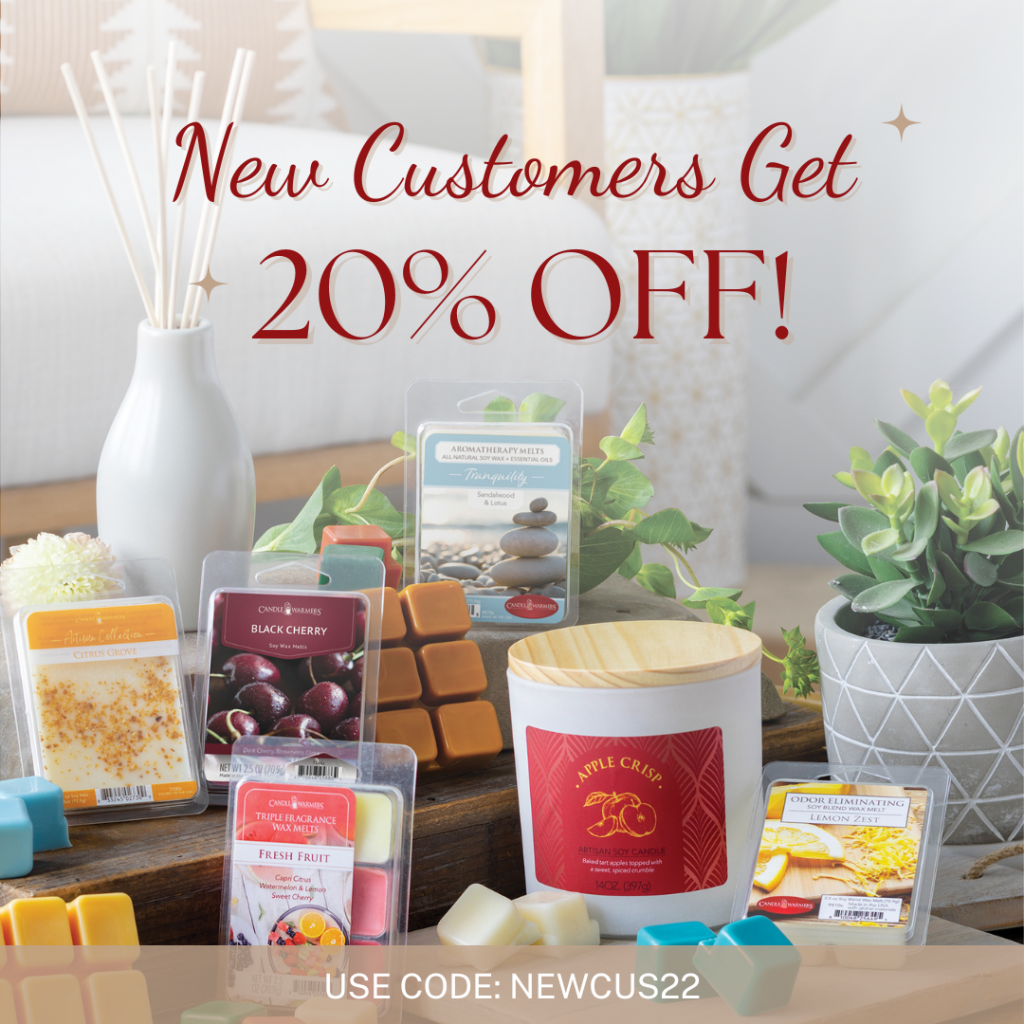 'New Customers Get 20% Off' ad with wax melts, an Apple Crisp candle and reed diffuser, code NEWCUS22