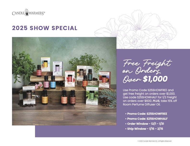 Candle Warmers Etc. 2025 Show Special flyer: free freight on orders over $1,000 with promo codes